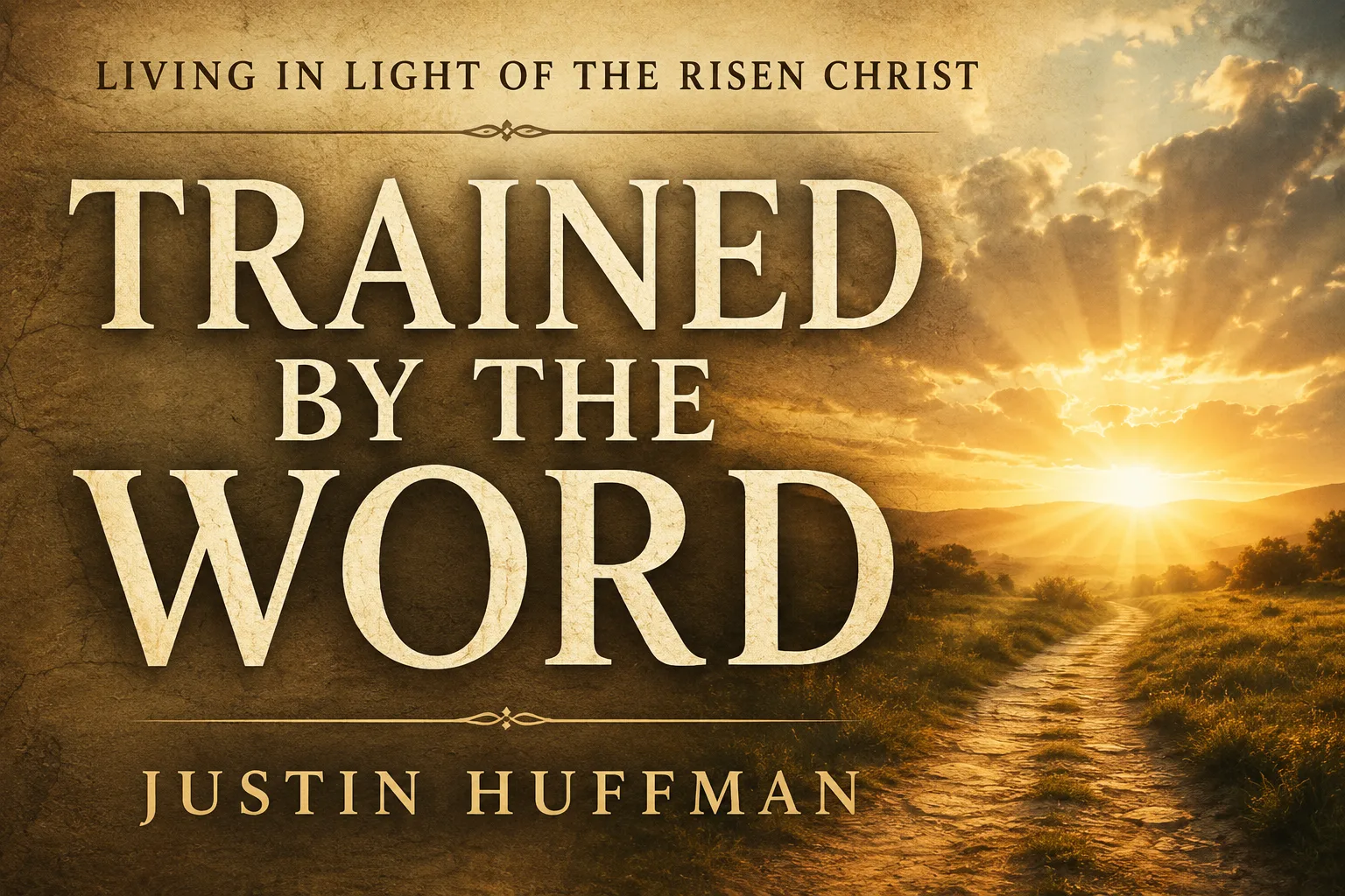 Warm parchment-style graphic for the Living in Light of the Risen Christ series featuring the title “Trained by the Word” by Justin Huffman with a sunrise over a pathway, cream serif typography, and a calm pastoral design symbolizing spiritual growth and resurrection-centered discipleship.