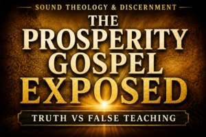 Thumbnail for Sound Theology and Discernment with Justin Peters titled The Prosperity Gospel Exposed with warm gold parchment texture cream serif typography dramatic lighting and the subtitle Truth vs False Teaching