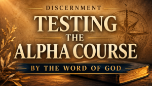 Warm parchment-style theological discernment graphic featuring the words “DISCERNMENT” and “TESTING THE ALPHA COURSE — BY THE WORD OF GOD” in large cream serif typography. Background includes subtle Scripture text from 2 Timothy 3:16–17, textured vintage paper tones, and a faded red Alpha symbol. The design uses warm gold and brown lighting with a pastoral, editorial aesthetic focused on biblical discernment.