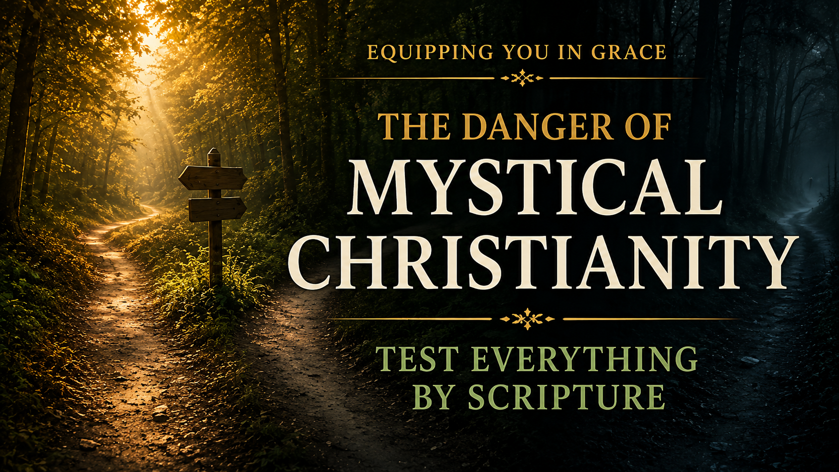 Equipping You in Grace thumbnail featuring a split forest path at dawn with one bright path and one dark path, overlaid with the words ‘The Danger of Mystical Christianity’ and ‘Test Everything by Scripture’ in large cream and gold serif typography.