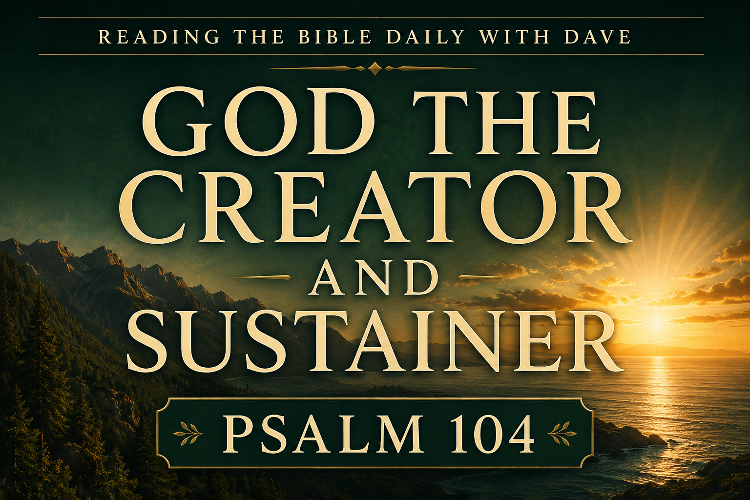 Thumbnail for Reading the Bible Daily with Dave featuring the title “God the Creator and Sustainer” and “Psalm 104” in large cream serif typography over a deep forest green landscape with mountains, ocean horizon, and golden sunrise light, conveying the majesty and providence of God in creation.