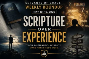 Servants of Grace Weekly Roundup May 10–16 2026 graphic featuring the phrase Scripture Over Experience with imagery representing biblical authority, discernment, and truth in a confused culture