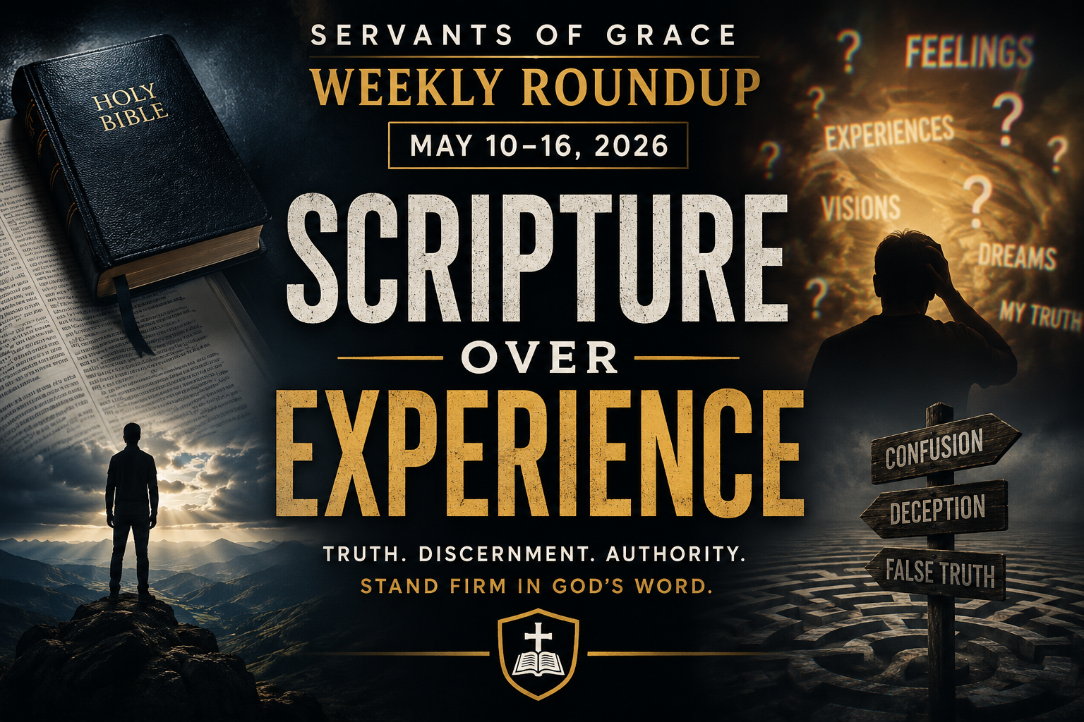 Servants of Grace Weekly Roundup May 10–16 2026 graphic featuring the phrase Scripture Over Experience with imagery representing biblical authority, discernment, and truth in a confused culture