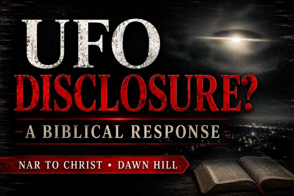 The NAR UFO Deception: A Biblical Response 2 Dark cinematic thumbnail for a NAR to Christ episode with the text “UFO Disclosure? A Biblical Response” featuring a glowing light in the night sky, subtle glitch effects, and an open Bible representing biblical discernment and a Christian response to UFO and NAR disclosure claims.