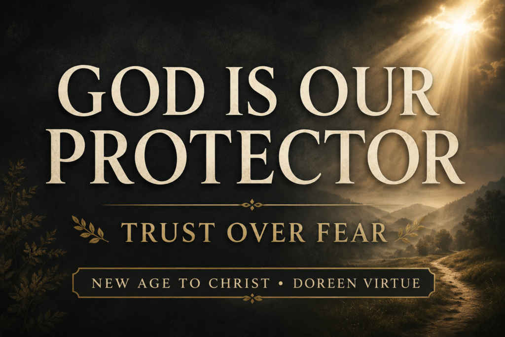 God Is Our Protector: Trusting the Lord Instead of Fear 3 Alt text: Thumbnail for New Age to Christ with Doreen Virtue featuring the text “God Is Our Protector” and “Trust Over Fear” in large cream serif typography on a deep charcoal background with warm golden light beams shining through clouds over a peaceful landscape, creating a calm and pastoral atmosphere.