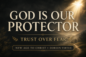 Alt text: Thumbnail for New Age to Christ with Doreen Virtue featuring the text “God Is Our Protector” and “Trust Over Fear” in large cream serif typography on a deep charcoal background with warm golden light beams shining through clouds over a peaceful landscape, creating a calm and pastoral atmosphere.