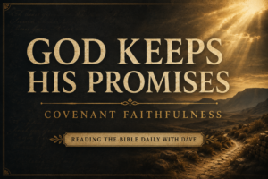 A Psalm 105 themed Christian podcast thumbnail featuring cream serif text reading “God Keeps His Promises” over a deep charcoal background with warm golden light shining across a desert wilderness landscape, emphasizing God’s covenant faithfulness in a calm and majestic atmosphere.