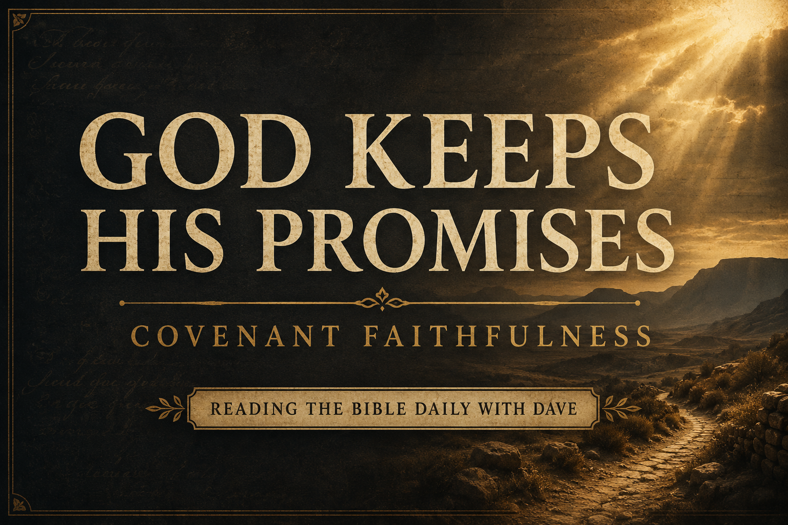 A Psalm 105 themed Christian podcast thumbnail featuring cream serif text reading “God Keeps His Promises” over a deep charcoal background with warm golden light shining across a desert wilderness landscape, emphasizing God’s covenant faithfulness in a calm and majestic atmosphere.