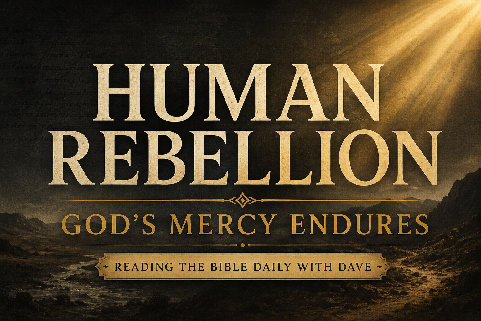 A cinematic Psalm 106 themed graphic featuring cream serif text reading “Human Rebellion” with the subtitle “God’s Mercy Endures” over a dark charcoal wilderness landscape with soft golden light beams, parchment texture, and muted gold accents.