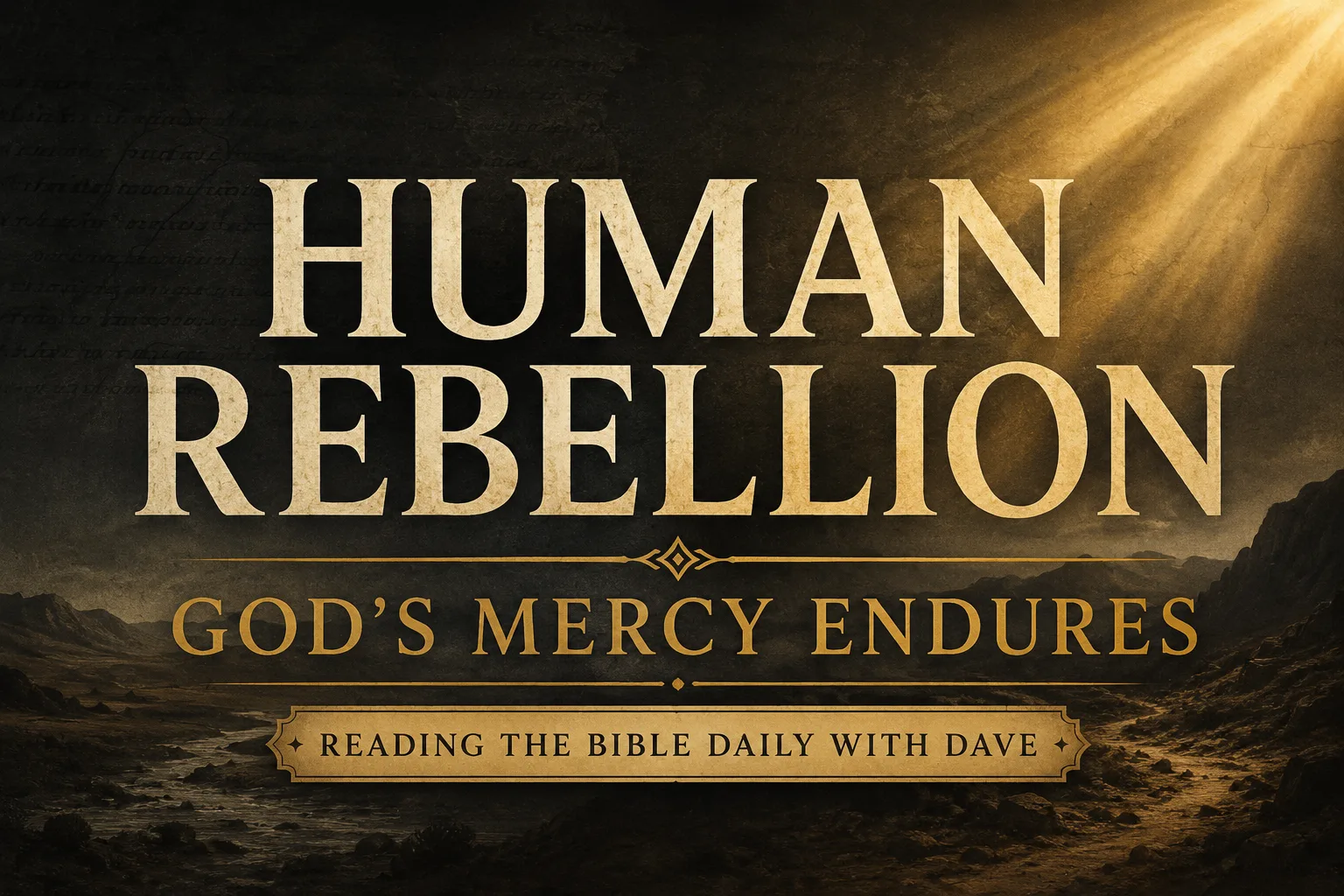 A cinematic Psalm 106 themed graphic featuring cream serif text reading “Human Rebellion” with the subtitle “God’s Mercy Endures” over a dark charcoal wilderness landscape with soft golden light beams, parchment texture, and muted gold accents.