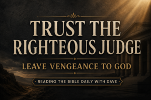 A dark charcoal textured background with soft golden light shining from the upper corner over cream serif text reading “Trust the Righteous Judge” and “Leave Vengeance to God” with the banner “Reading the Bible Daily with Dave.” The design conveys biblical justice, trust, and solemn reflection.