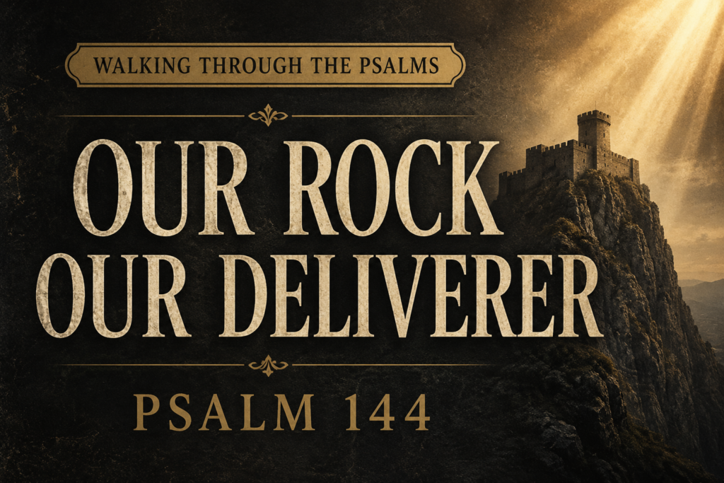 Psalm 144 sermon thumbnail with the words “Our Rock Our Deliverer” and a dark mountain fortress background representing God as refuge and strength.