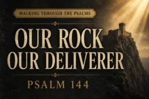 Psalm 144 sermon thumbnail with the words “Our Rock Our Deliverer” and a dark mountain fortress background representing God as refuge and strength.