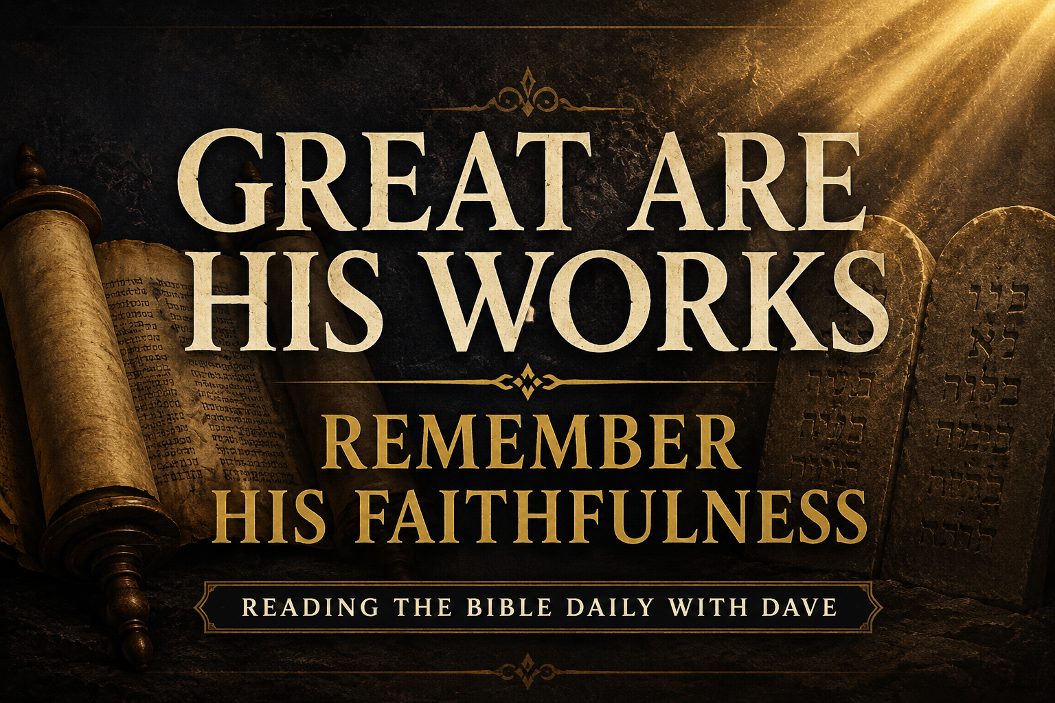 Psalm 111 thumbnail for Reading the Bible Daily with Dave featuring the words “Great Are His Works” and “Remember His Faithfulness” in cream serif typography over a deep charcoal textured background with golden light beams, covenant tablets, and an open scroll symbolizing God’s mighty works and covenant faithfulness.