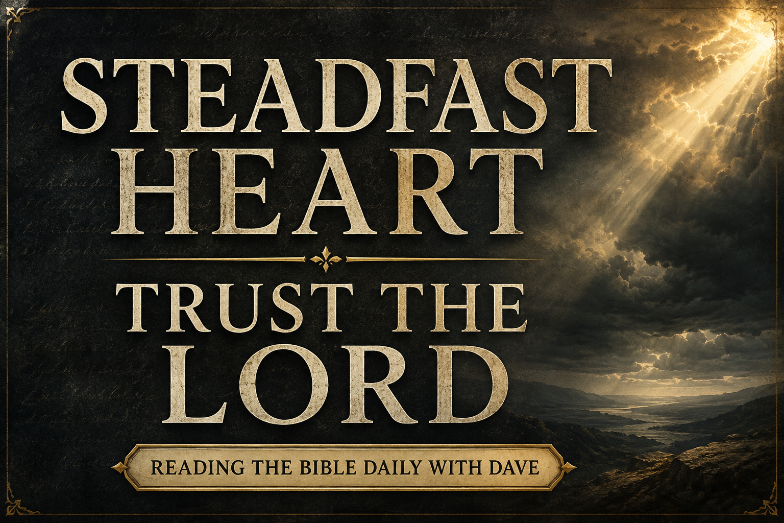 A Psalm 112 themed graphic with cream serif text reading “Steadfast Heart, Trust the Lord” over a deep charcoal textured background with soft golden light and subtle storm cloud imagery for Reading the Bible Daily with Dave.