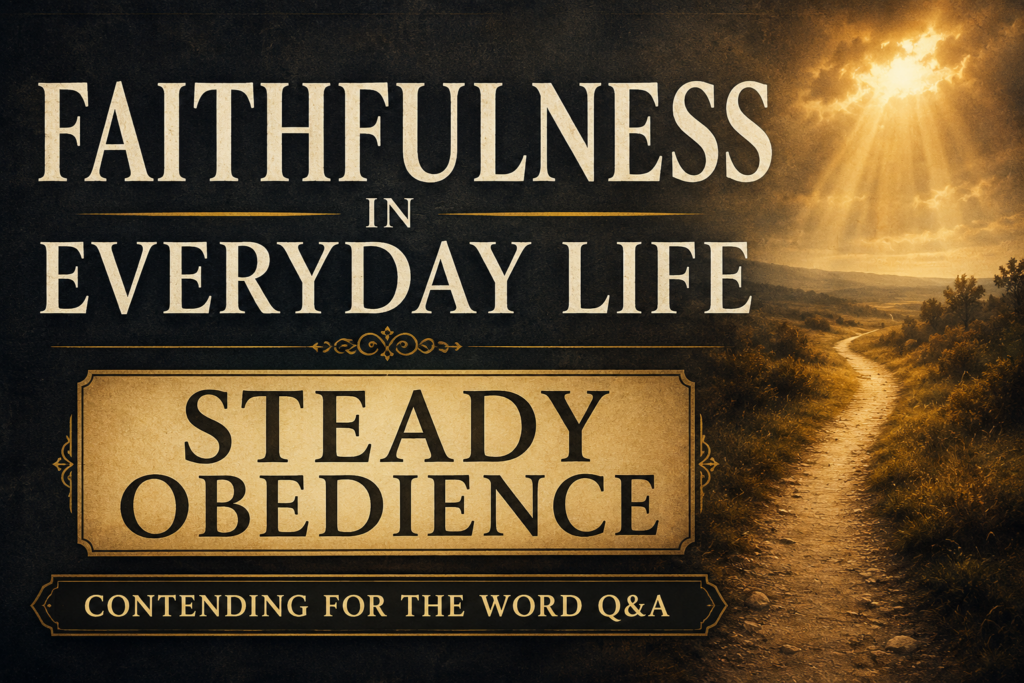 Faithfulness to Christ in Everyday Life 1 A sermon podcast thumbnail for Contending for the Word Q&A featuring the title “Faithfulness in Everyday Life” in large cream serif text over a deep charcoal textured background. A winding path stretches into the distance beneath golden sunlight breaking through clouds, symbolizing steady Christian faithfulness and daily obedience to Christ. The subtitle “Steady Obedience” appears in a parchment-style box near the bottom with muted gold accents and a calm pastoral atmosphere.