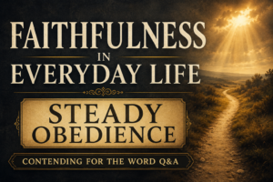 A sermon podcast thumbnail for Contending for the Word Q&A featuring the title “Faithfulness in Everyday Life” in large cream serif text over a deep charcoal textured background. A winding path stretches into the distance beneath golden sunlight breaking through clouds, symbolizing steady Christian faithfulness and daily obedience to Christ. The subtitle “Steady Obedience” appears in a parchment-style box near the bottom with muted gold accents and a calm pastoral atmosphere.