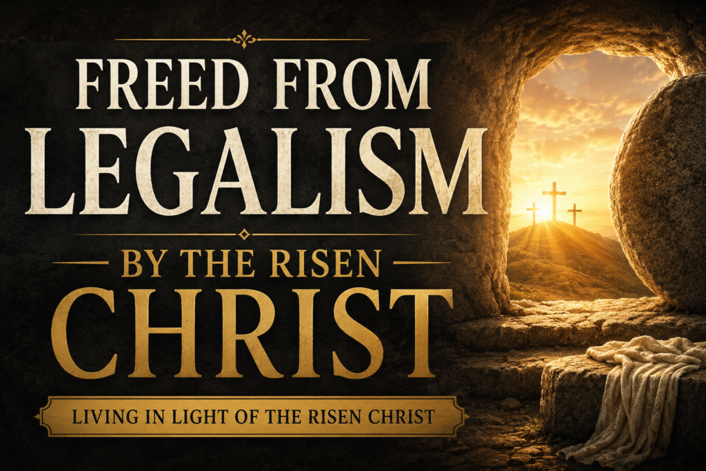 Alt text: A dramatic Christian-themed graphic featuring an open empty tomb illuminated by golden resurrection light at sunrise, with three crosses visible in the distance. Large cream serif text reads “Freed From Legalism” and “By the Risen Christ,” with a banner at the bottom reading “Living in Light of the Risen Christ.” The design uses deep charcoal textures, warm gold lighting, and a calm triumphant atmosphere.