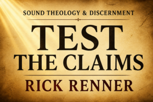 Sound Theology and Discernment episode thumbnail with the title “Test the Claims” and “Rick Renner” on a warm parchment background with soft light beam and bold serif text