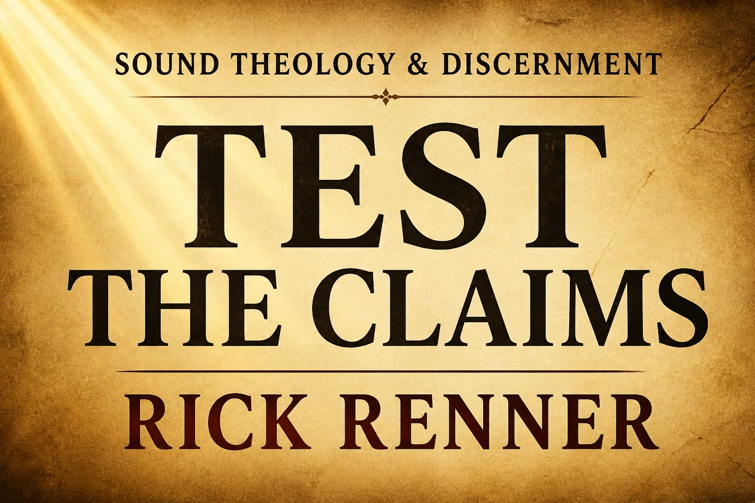 Sound Theology and Discernment episode thumbnail with the title “Test the Claims” and “Rick Renner” on a warm parchment background with soft light beam and bold serif text