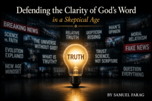 Light bulb labeled truth shining against a backdrop of competing ideas and headlines representing clarity in a skeptical age