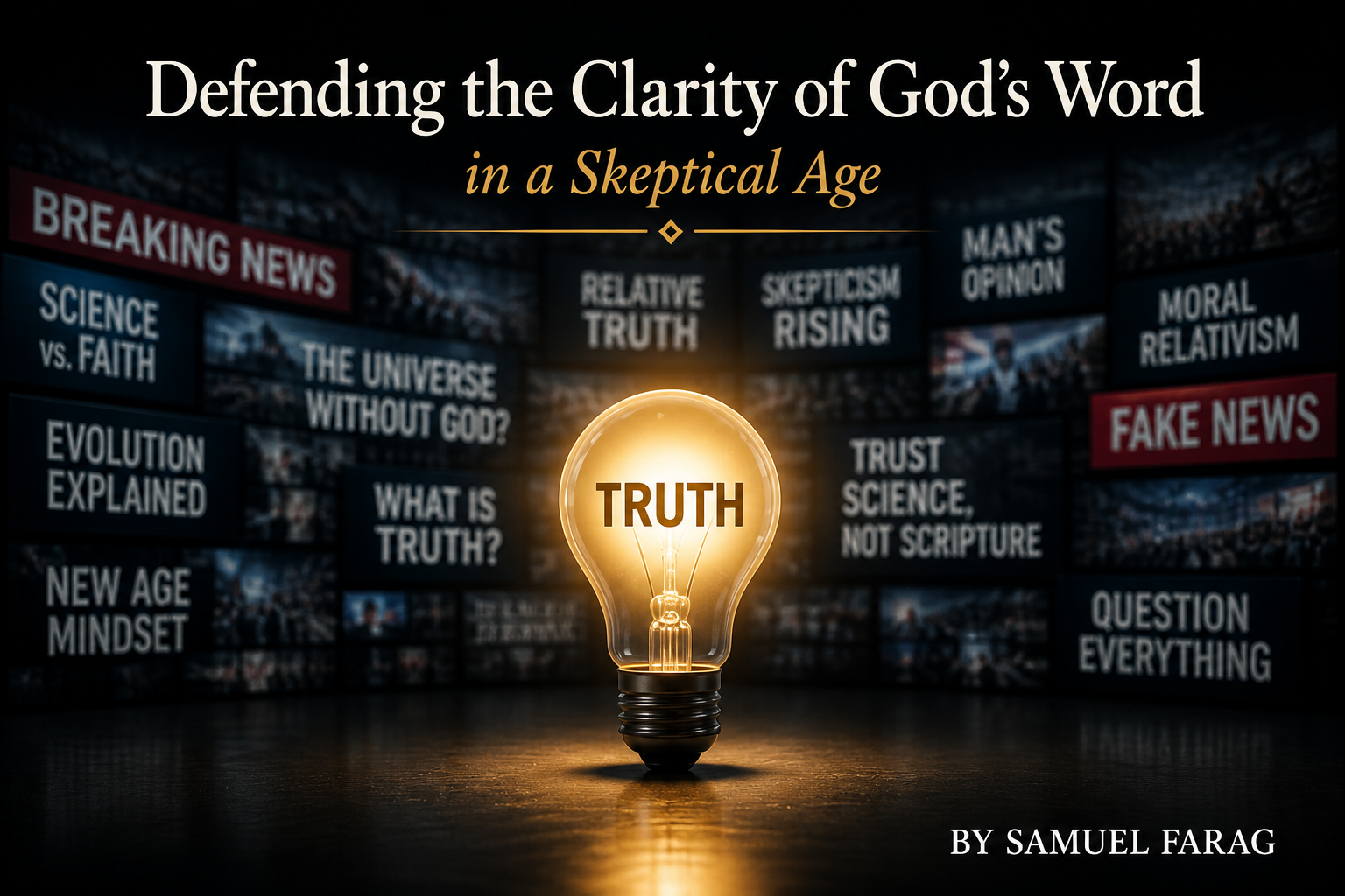 Light bulb labeled truth shining against a backdrop of competing ideas and headlines representing clarity in a skeptical age