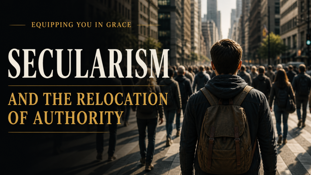 Man walking through a crowded city street with buildings on both sides, representing modern culture, with the text ‘Secularism and the Relocation of Authority – Equipping You in Grace.