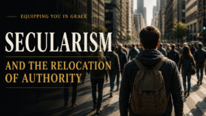 Man walking through a crowded city street with buildings on both sides, representing modern culture, with the text ‘Secularism and the Relocation of Authority – Equipping You in Grace.
