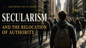 Man walking through a crowded city street with buildings on both sides, representing modern culture, with the text ‘Secularism and the Relocation of Authority – Equipping You in Grace.