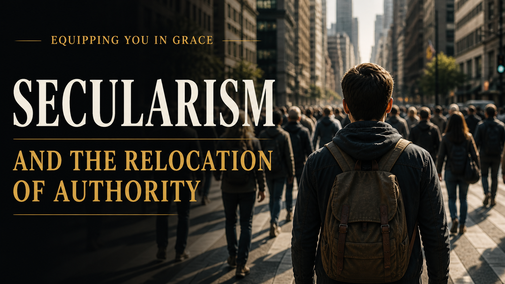 Man walking through a crowded city street with buildings on both sides, representing modern culture, with the text ‘Secularism and the Relocation of Authority – Equipping You in Grace.
