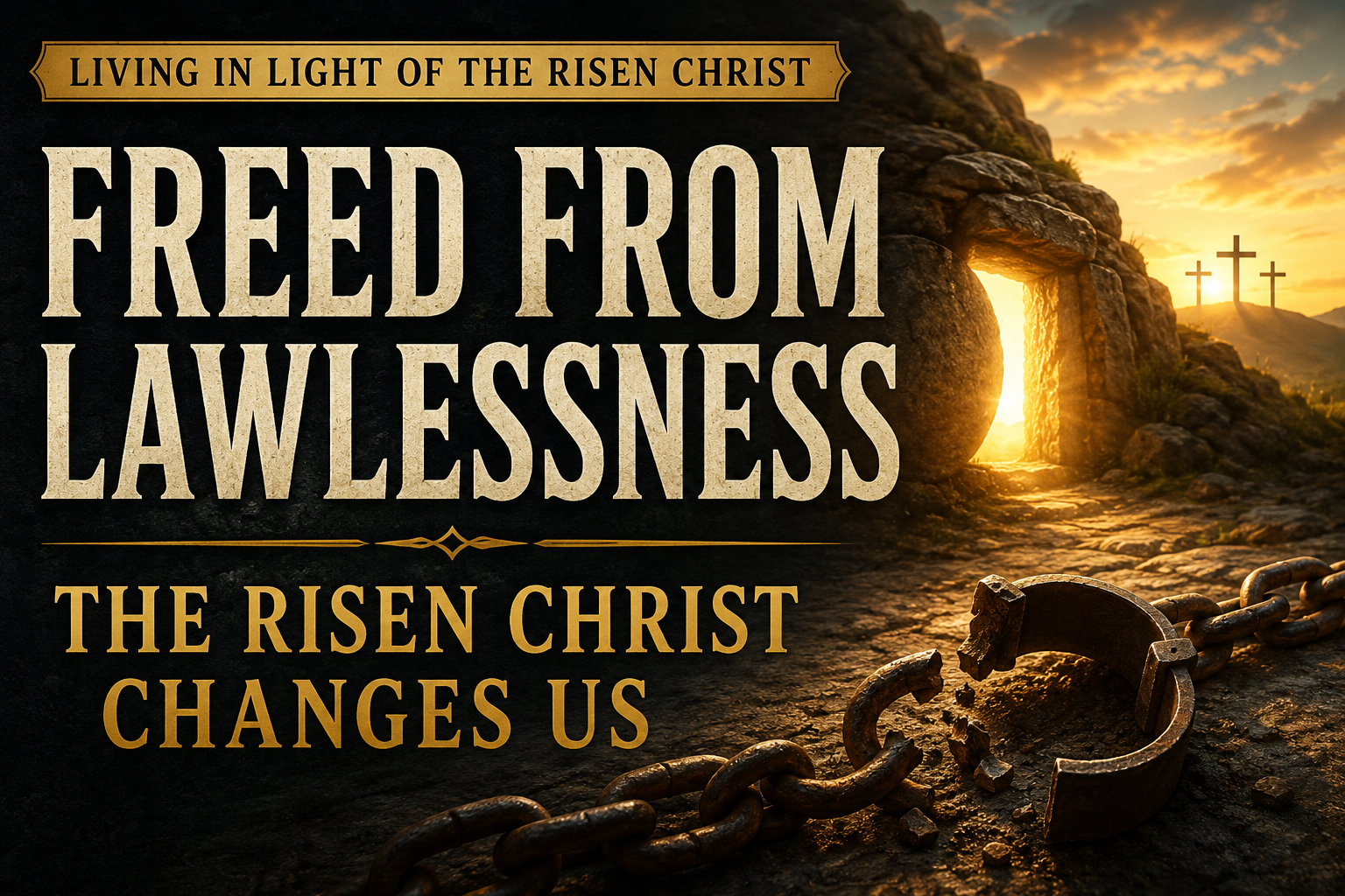 A dramatic Christian-themed graphic featuring an empty tomb glowing with resurrection light at sunrise, broken chains in the foreground symbolizing freedom from sin, and three crosses silhouetted in the distance. Large cream serif text reads “Freed From Lawlessness” with smaller text stating “The Risen Christ Changes Us” and a banner reading “Living in Light of the Risen Christ.”