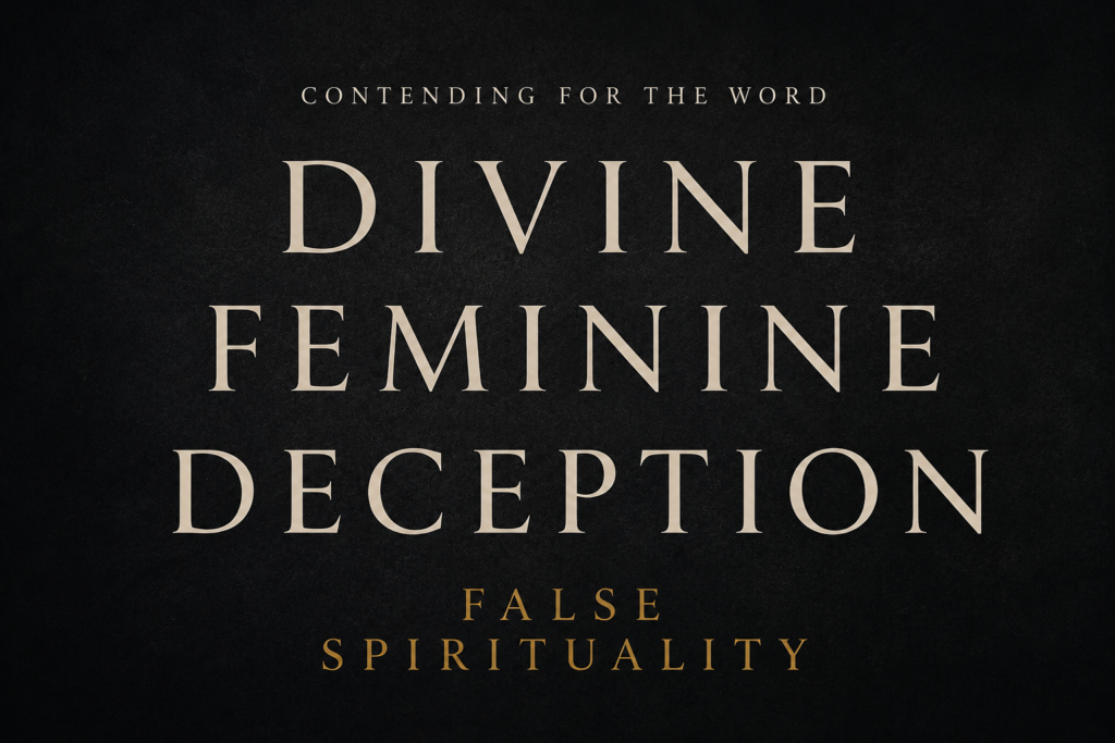 Minimalist Contending for the Word podcast thumbnail featuring cream serif text reading “Divine Feminine Deception” over a dark charcoal textured background with muted gold text reading “False Spirituality.”