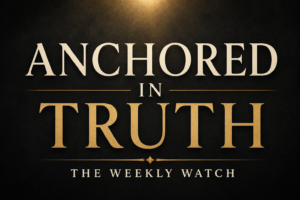 Contending for the Word Weekly Watch thumbnail featuring the words “Anchored in Truth” in elegant cream and muted gold serif typography on a dark charcoal textured background with subtle gold lighting accents.
