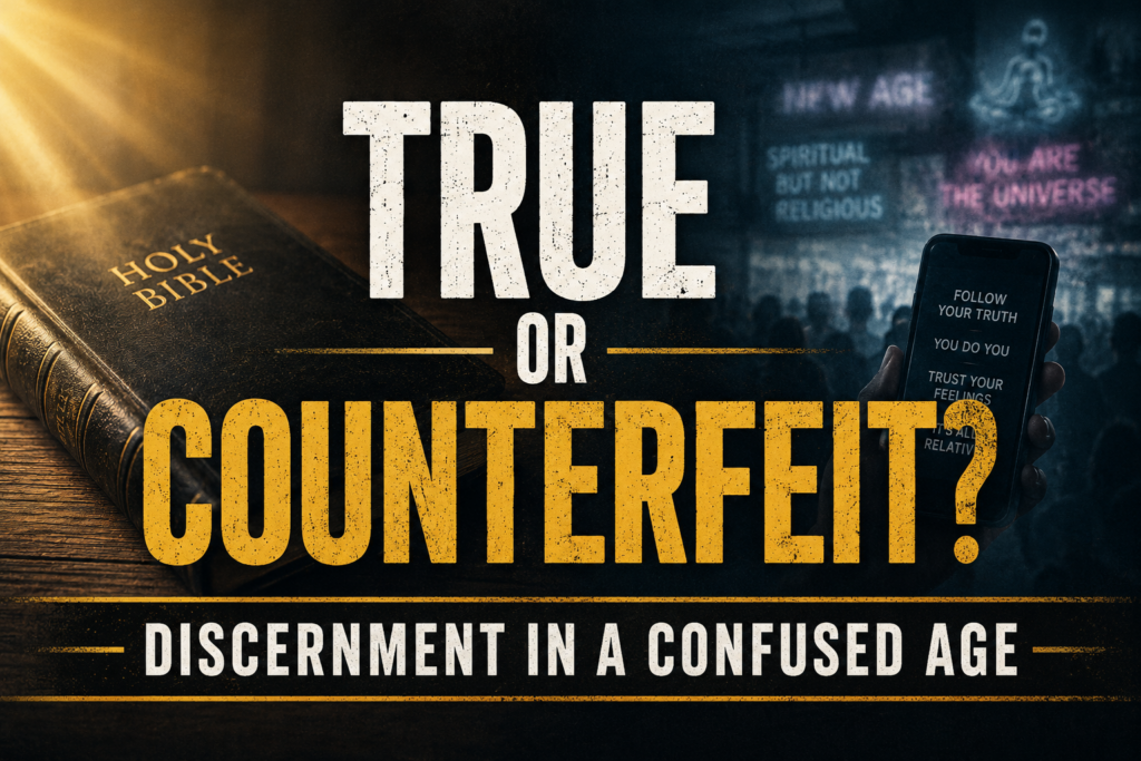 Servants of Grace Weekly Roundup graphic featuring the words “True or Counterfeit?” with a Bible contrasted against modern spiritual deception imagery and the subtitle “Discernment in a Confused Age”