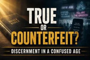Servants of Grace Weekly Roundup graphic featuring the words “True or Counterfeit?” with a Bible contrasted against modern spiritual deception imagery and the subtitle “Discernment in a Confused Age”