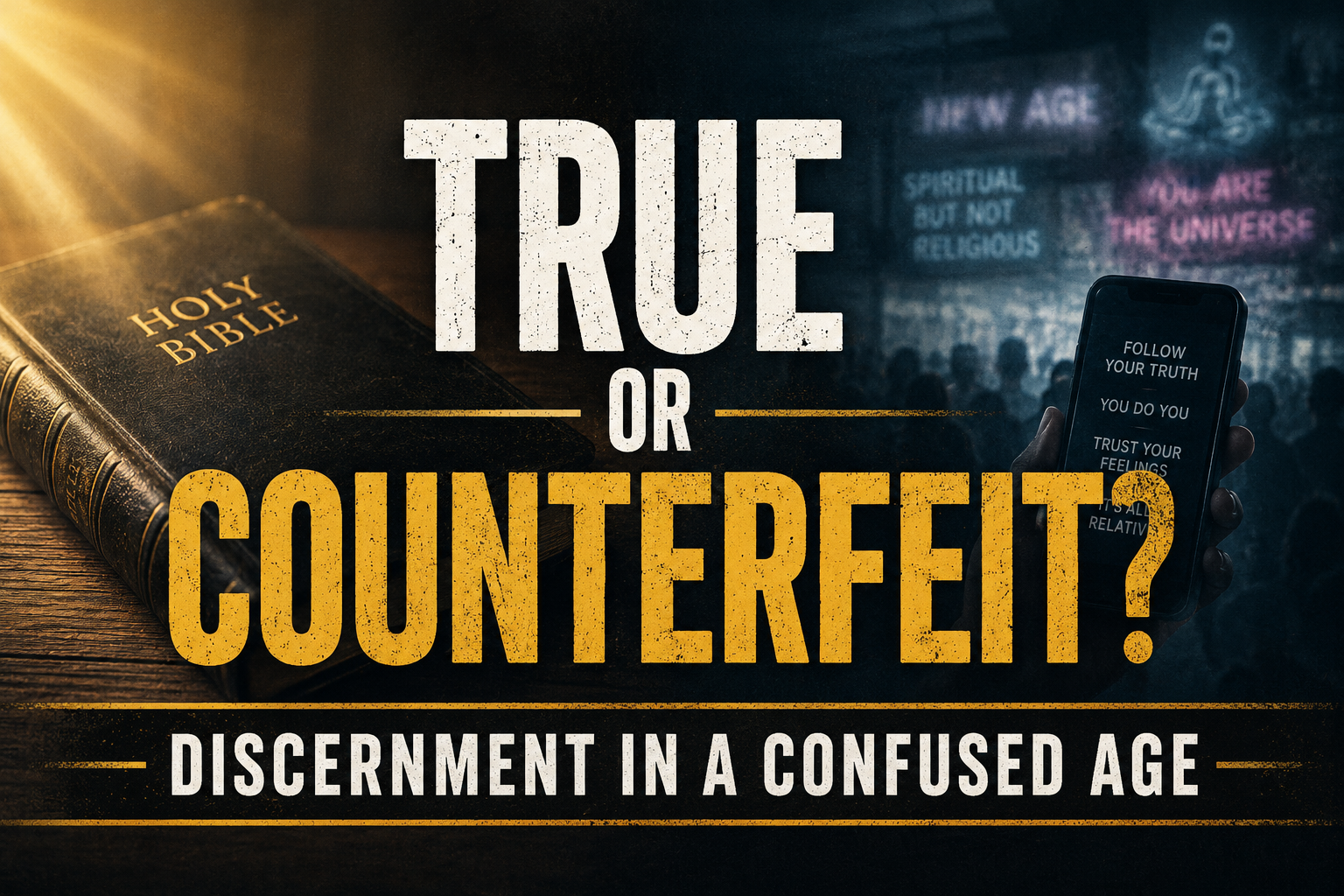 Servants of Grace Weekly Roundup graphic featuring the words “True or Counterfeit?” with a Bible contrasted against modern spiritual deception imagery and the subtitle “Discernment in a Confused Age”