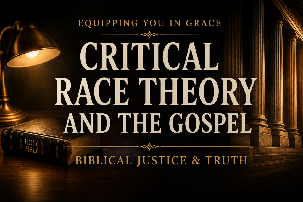 Critical Race Theory and the Gospel: Justice, Sin, and Redemption 3 Dark cinematic thumbnail featuring the title “Critical Race Theory and the Gospel” in large cream serif typography. A warmly lit desk lamp and closed Holy Bible sit on a dark wooden desk, while tall courtroom-style columns fade into the background. Text also reads “Equipping You in Grace” and “Biblical Justice & Truth.
