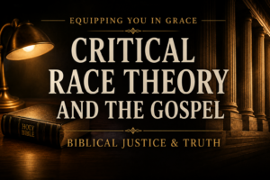 Dark cinematic thumbnail featuring the title “Critical Race Theory and the Gospel” in large cream serif typography. A warmly lit desk lamp and closed Holy Bible sit on a dark wooden desk, while tall courtroom-style columns fade into the background. Text also reads “Equipping You in Grace” and “Biblical Justice & Truth.