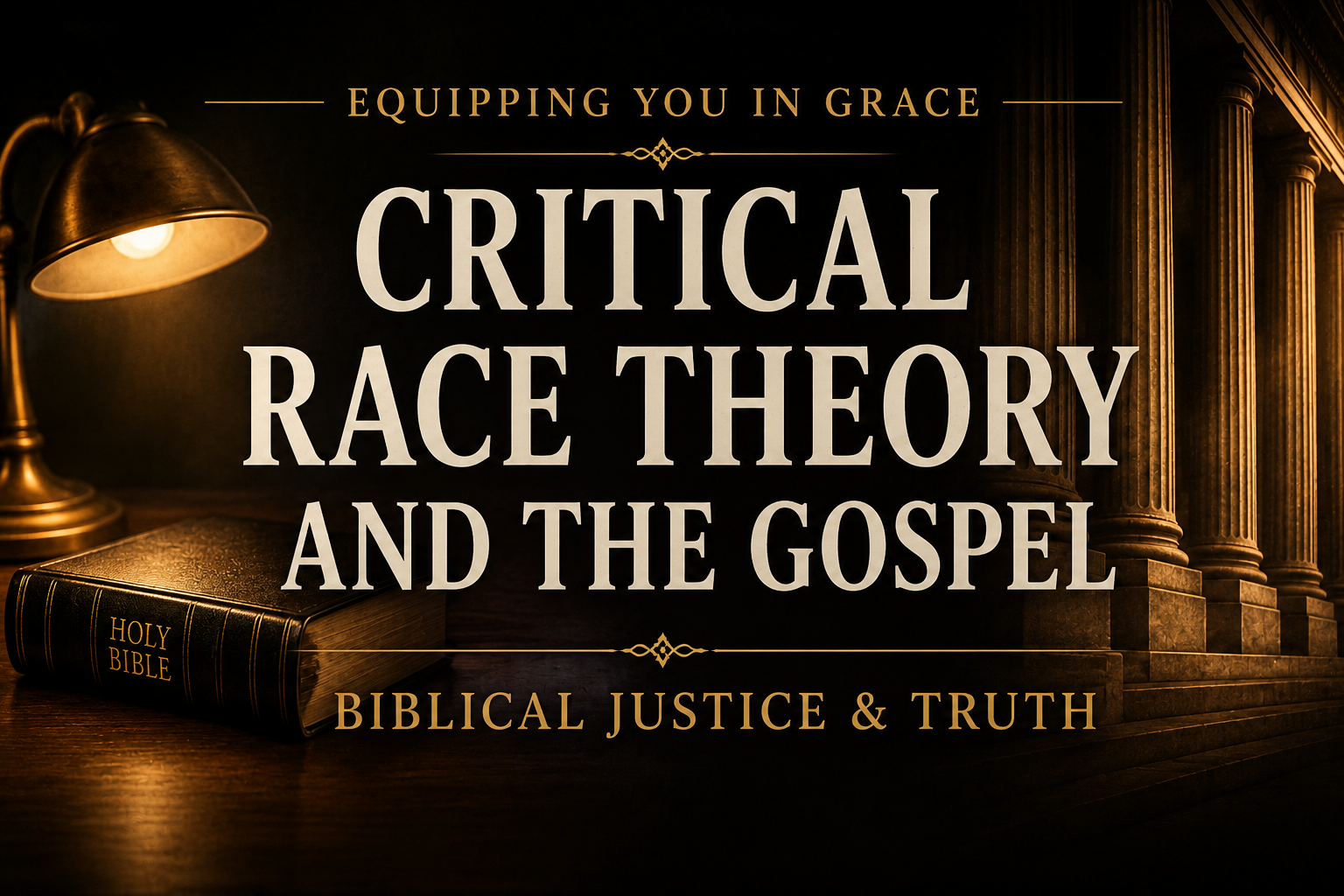 Dark cinematic thumbnail featuring the title “Critical Race Theory and the Gospel” in large cream serif typography. A warmly lit desk lamp and closed Holy Bible sit on a dark wooden desk, while tall courtroom-style columns fade into the background. Text also reads “Equipping You in Grace” and “Biblical Justice & Truth.