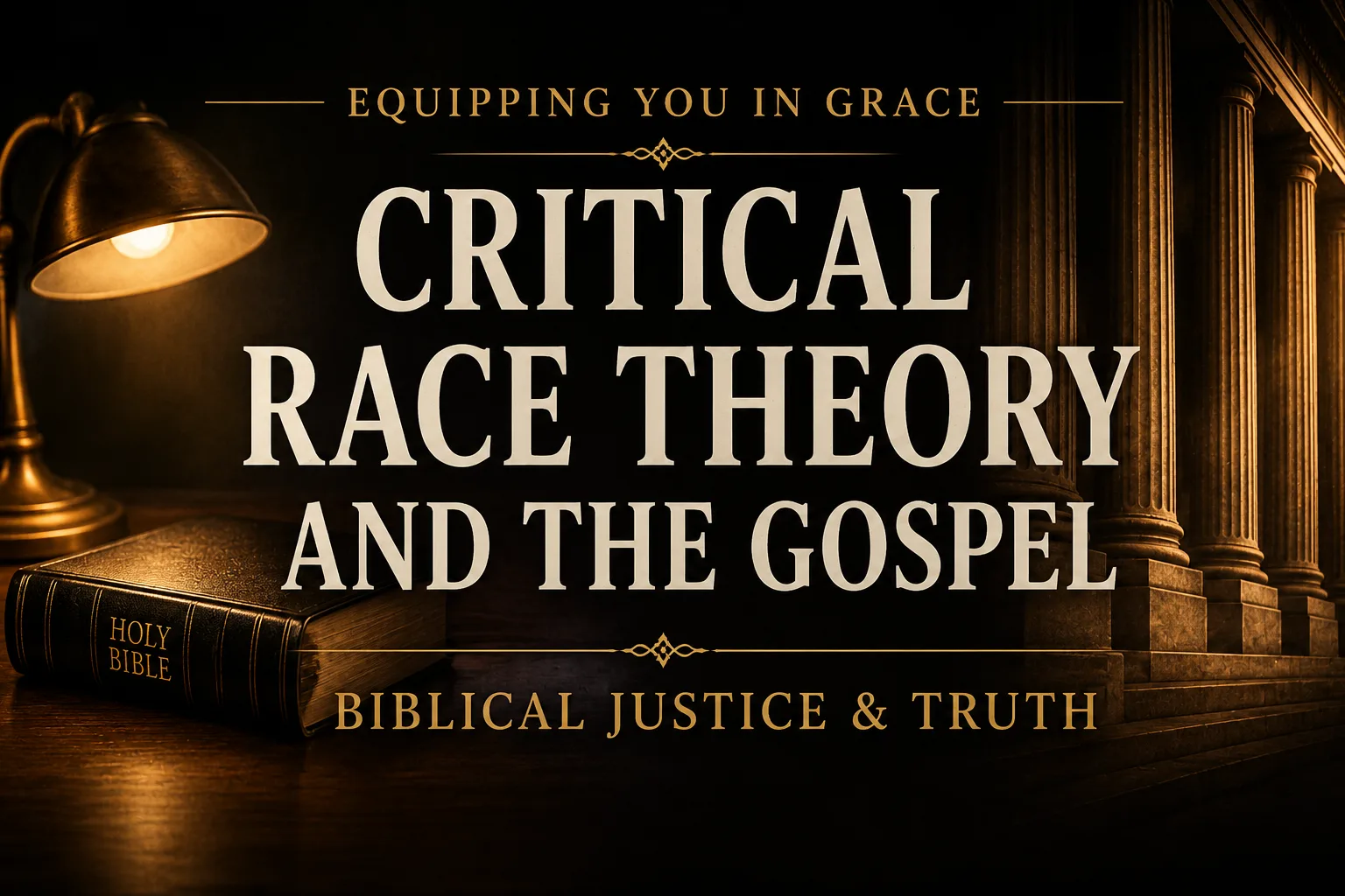Dark cinematic thumbnail featuring the title “Critical Race Theory and the Gospel” in large cream serif typography. A warmly lit desk lamp and closed Holy Bible sit on a dark wooden desk, while tall courtroom-style columns fade into the background. Text also reads “Equipping You in Grace” and “Biblical Justice & Truth.