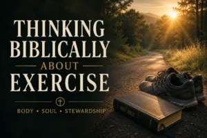 A pastoral-themed article graphic featuring cream serif typography reading “Thinking Biblically About Exercise” beside a peaceful forest running trail at sunrise. A pair of running shoes and a closed Bible rest on the roadside, symbolizing Christian stewardship of body and soul. Warm golden sunlight shines through the trees against a deep charcoal and forest-green color palette.