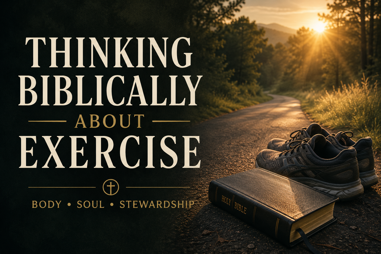 A pastoral-themed article graphic featuring cream serif typography reading “Thinking Biblically About Exercise” beside a peaceful forest running trail at sunrise. A pair of running shoes and a closed Bible rest on the roadside, symbolizing Christian stewardship of body and soul. Warm golden sunlight shines through the trees against a deep charcoal and forest-green color palette.