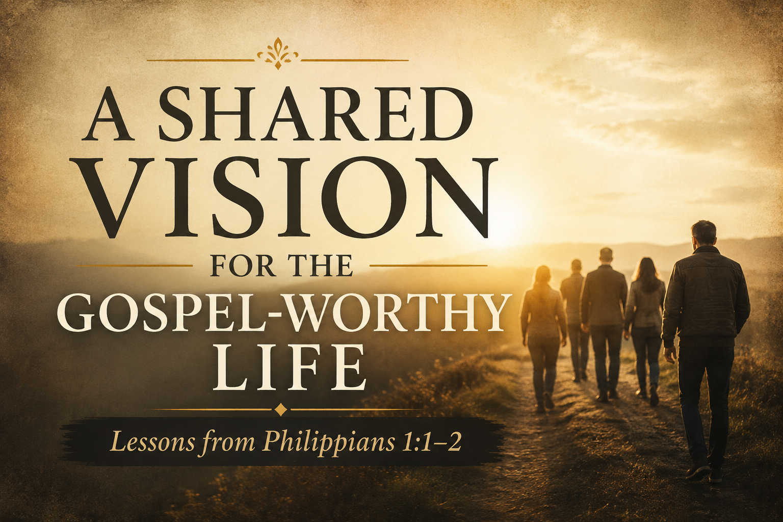 Warm pastoral article graphic titled ‘A Shared Vision for the Gospel-Worthy Life’ featuring silhouetted believers walking together toward soft golden light with cinematic parchment and charcoal tones.