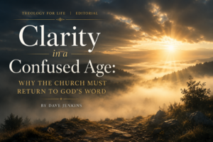 Editorial cover image for Theology for Life titled “Clarity in a Confused Age: Why the Church Must Return to God’s Word” by Dave Jenkins, featuring warm sunlight breaking through heavy clouds and fog over a peaceful mountain landscape with elegant serif typography and a calm, hopeful atmosphere symbolizing biblical clarity in a confused age.