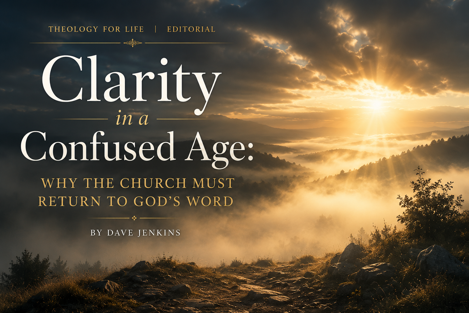 Editorial cover image for Theology for Life titled “Clarity in a Confused Age: Why the Church Must Return to God’s Word” by Dave Jenkins, featuring warm sunlight breaking through heavy clouds and fog over a peaceful mountain landscape with elegant serif typography and a calm, hopeful atmosphere symbolizing biblical clarity in a confused age.