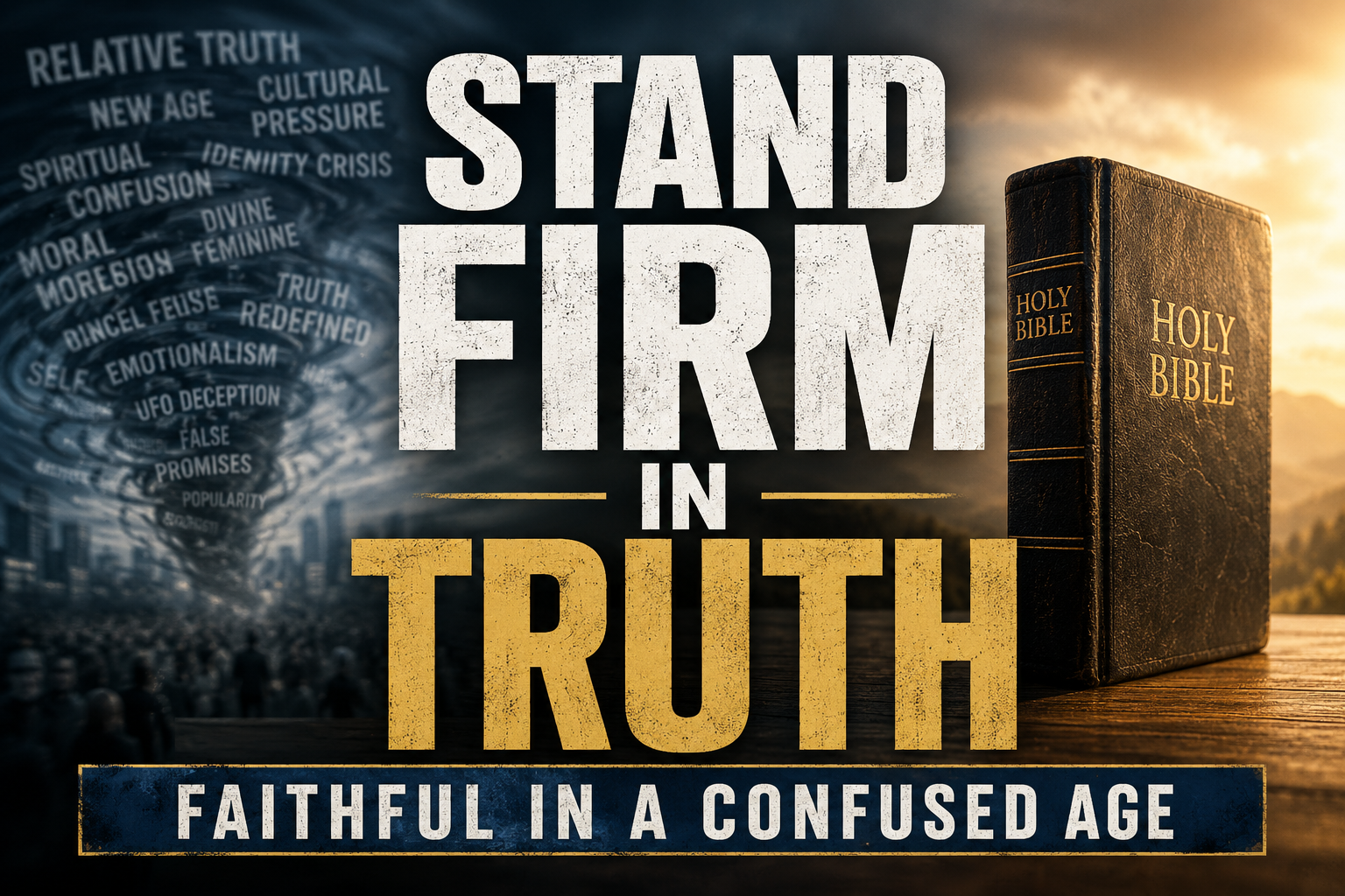 Servants of Grace Weekly Roundup graphic featuring the words “Stand Firm in Truth” alongside an open Bible contrasted with cultural confusion and competing worldviews, with the subtitle “Faithful in a Confused Age.