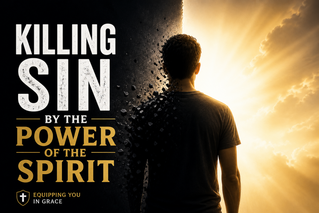 A man stands between darkness and light as his shadow side breaks apart, symbolizing the believer putting sin to death by the power of the Holy Spirit.