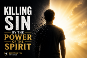 A man stands between darkness and light as his shadow side breaks apart, symbolizing the believer putting sin to death by the power of the Holy Spirit.