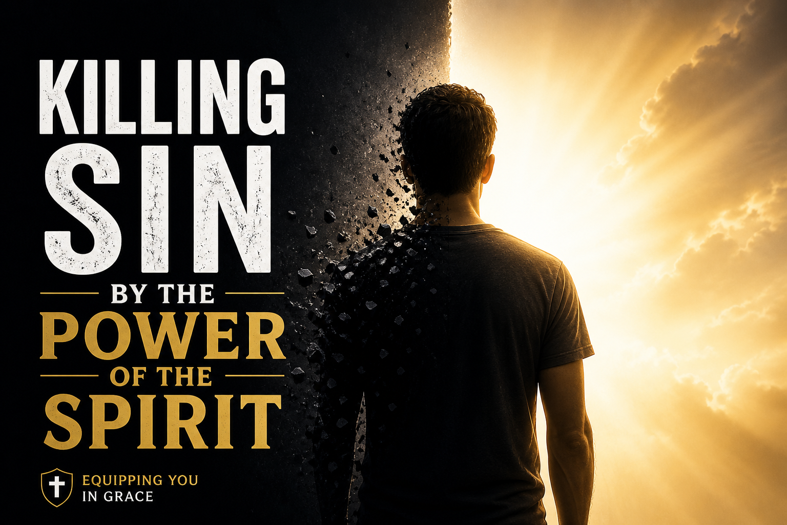 A man stands between darkness and light as his shadow side breaks apart, symbolizing the believer putting sin to death by the power of the Holy Spirit.
