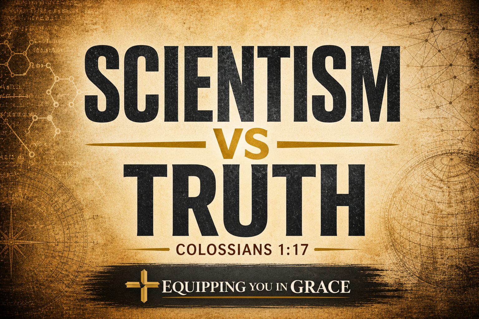 Parchment-style background with bold text “Scientism vs Truth – Colossians 1:17” and subtle scientific diagrams, illustrating the contrast between empirical authority and biblical truth.
